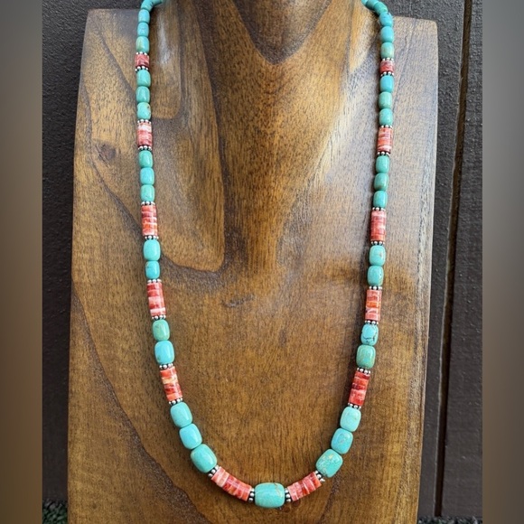 Sterling Silver Graduated Turquoise Heishi Spiny Oyster Bead Necklace 23 Inch